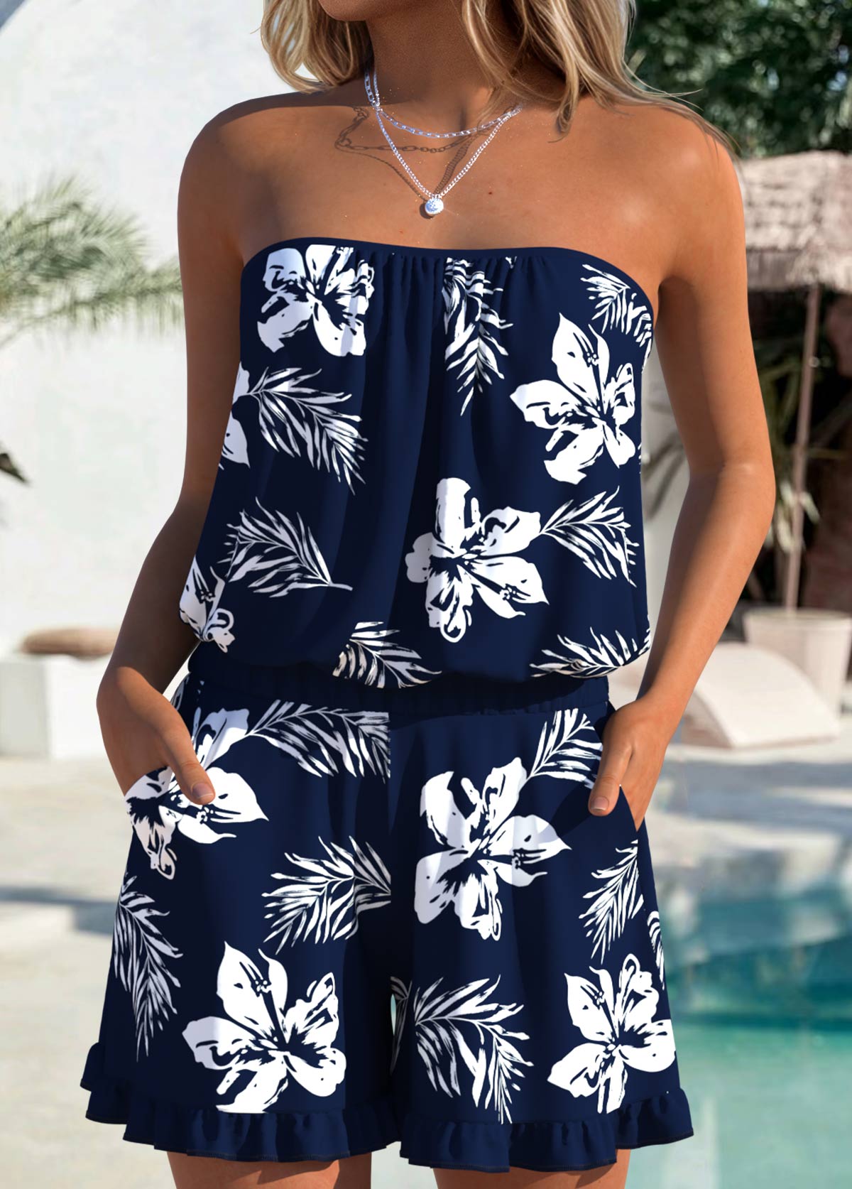 Modlily Navy Tummy Coverage Floral Print One Piece Swimwear - S