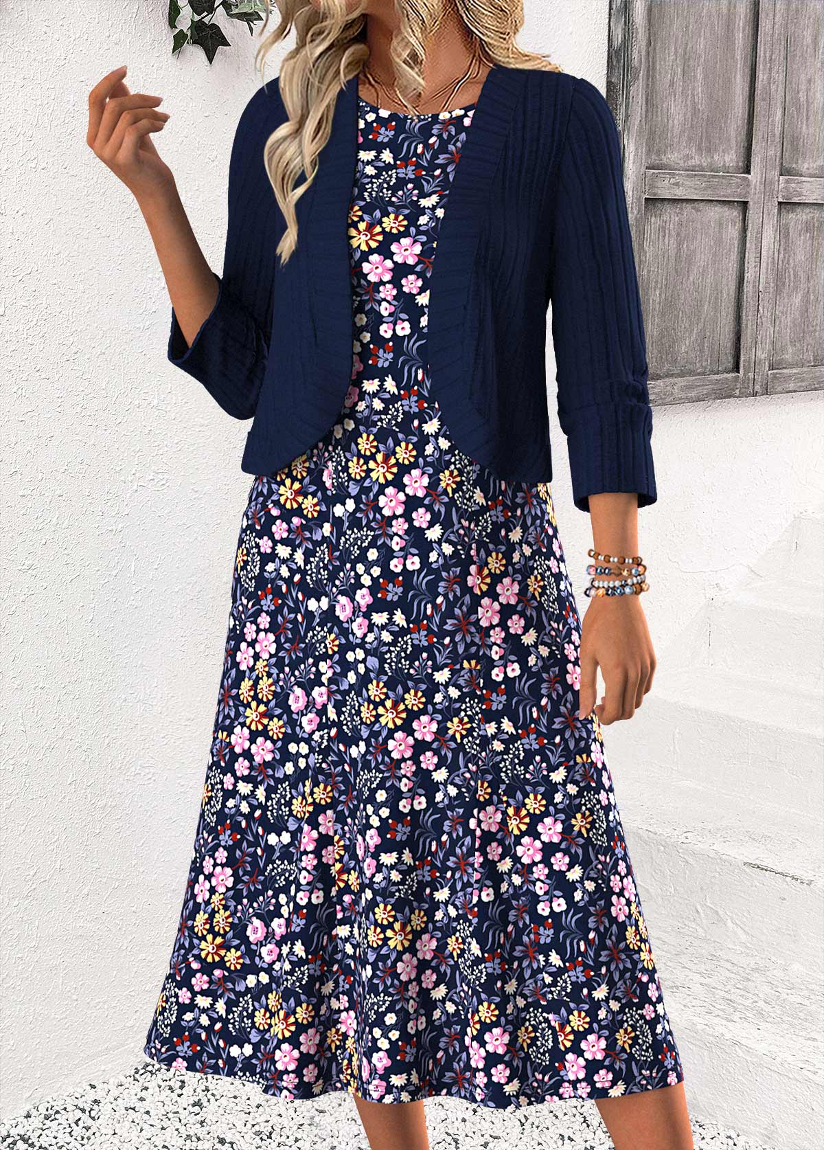 Modlily Navy Tummy Coverage Leaf Print Dress and Cardigan - S