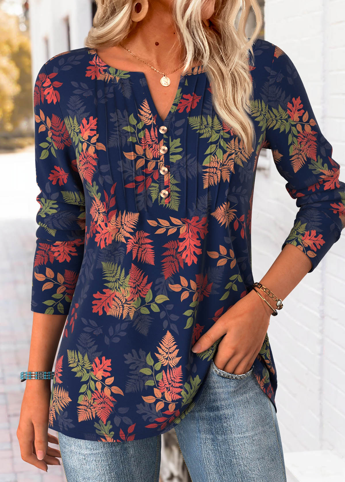 Modlily Navy Tummy Coverage Leaf Print T Shirt - S
