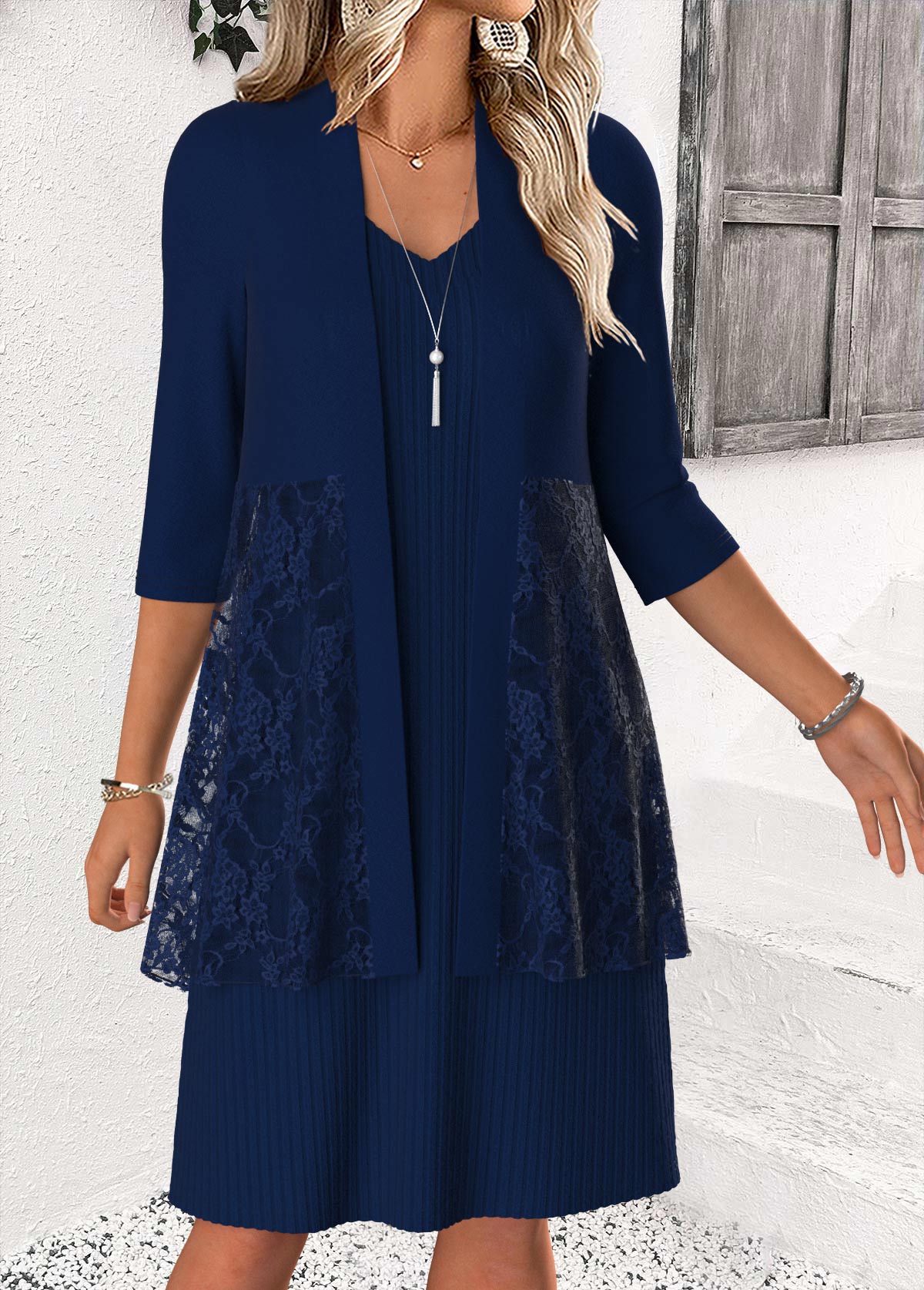 Modlily Navy Tummy Coverage Long Sleeve Dress and Cardigan - M