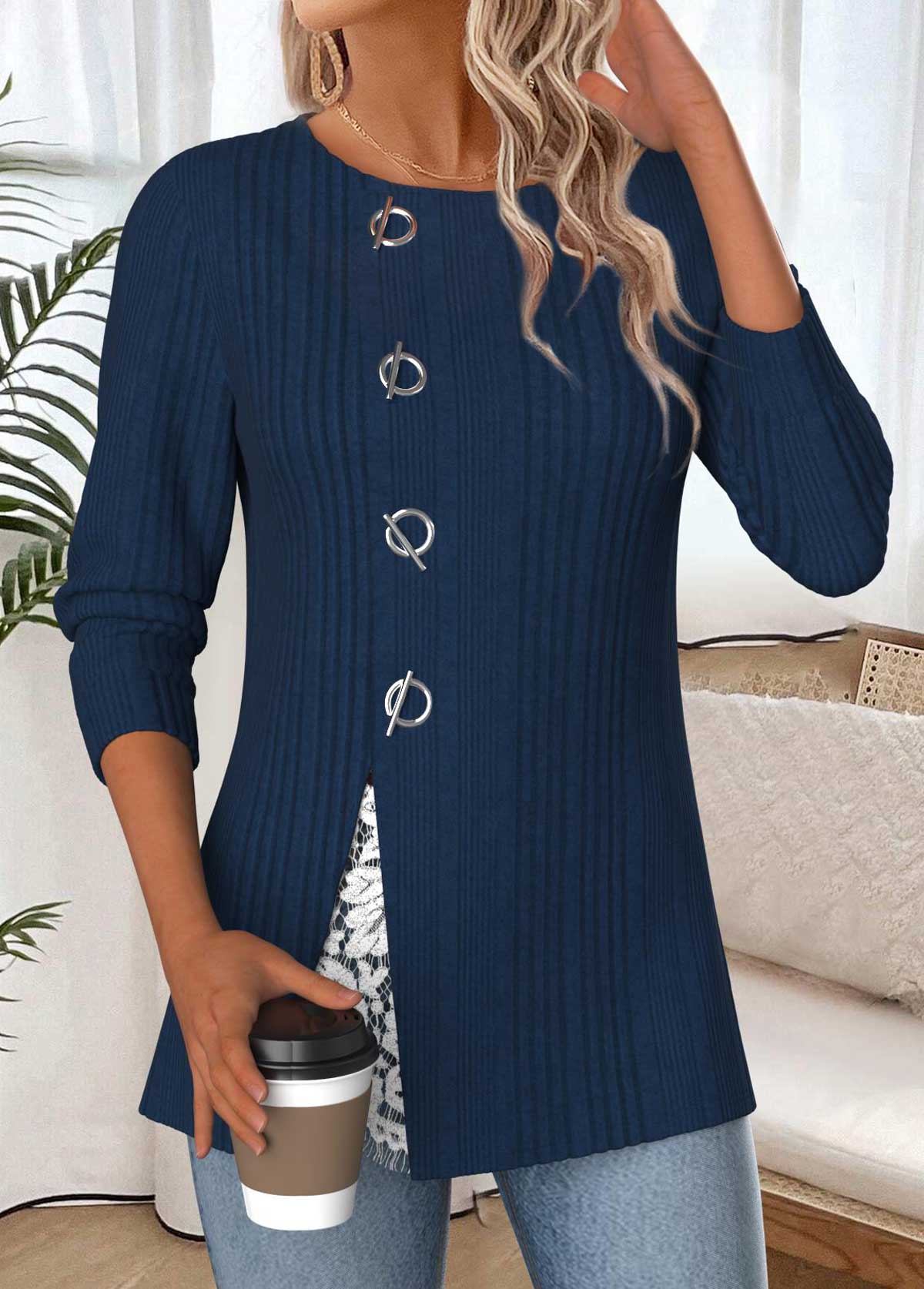 Modlily Navy Tummy Coverage Long Sleeve Round Neck Blouse - S