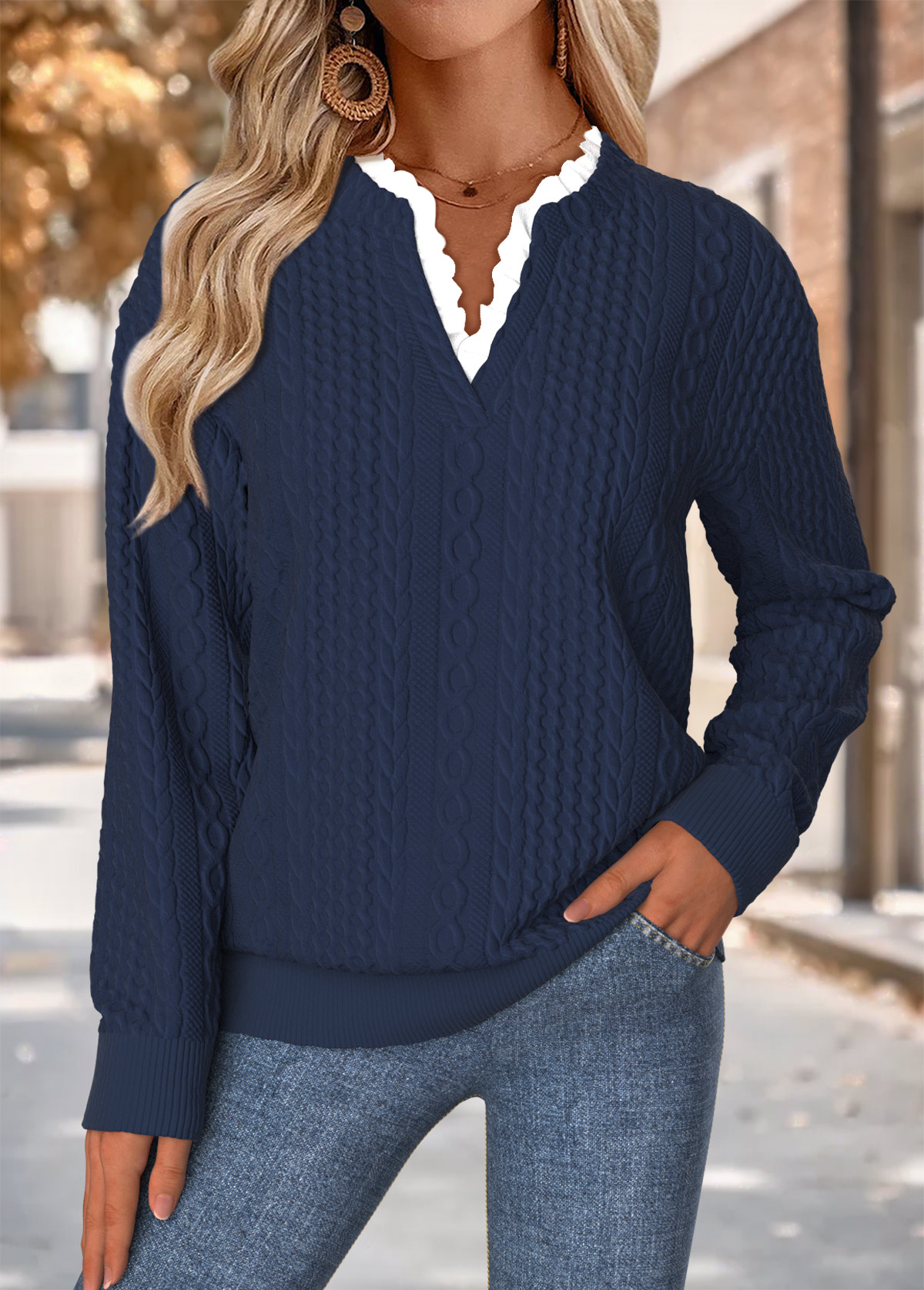Modlily Navy Tummy Coverage Long Sleeve Split Neck Sweatshirt - S