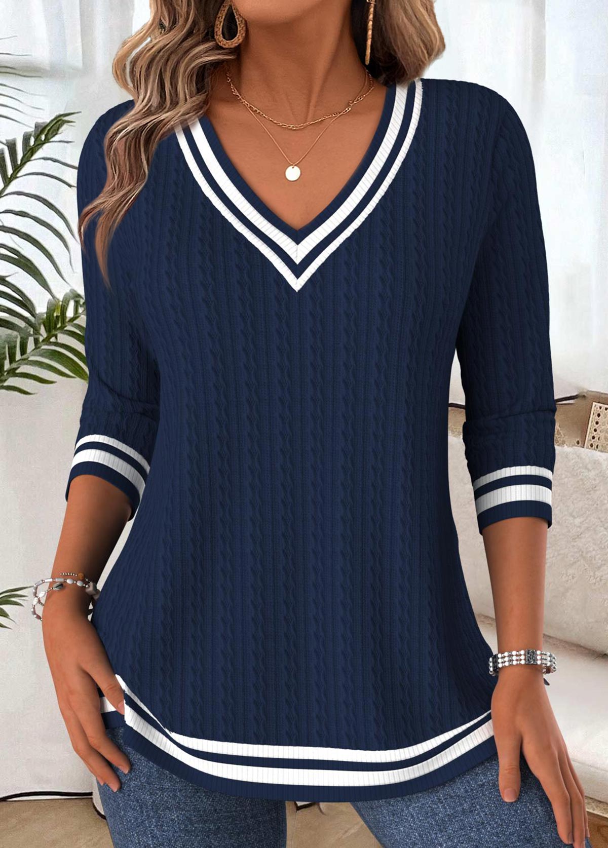 Modlily Navy Tummy Coverage Long Sleeve V Neck T Shirt - S