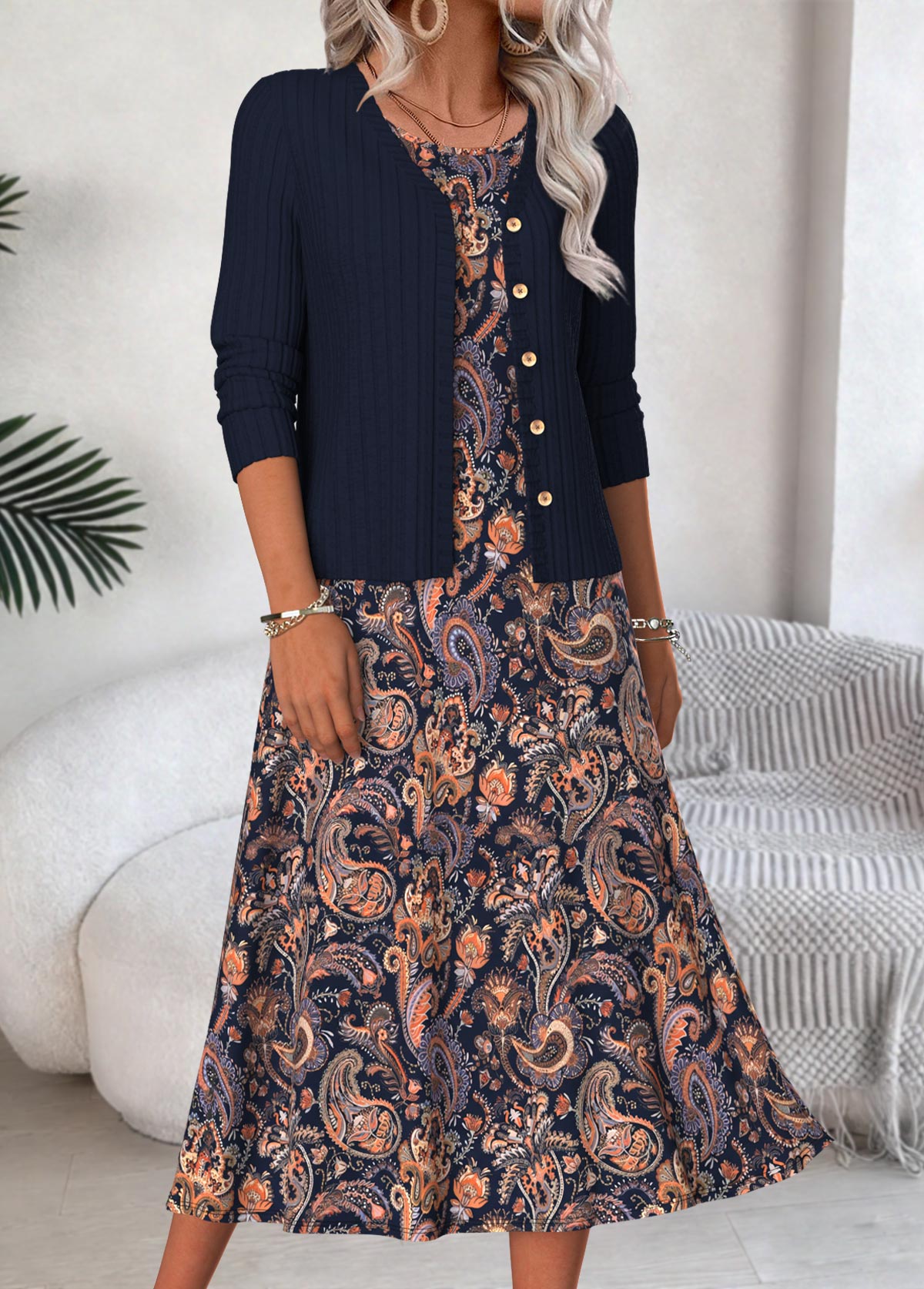 Modlily Navy Tummy Coverage Paisley Print Dress and Cardigan - S