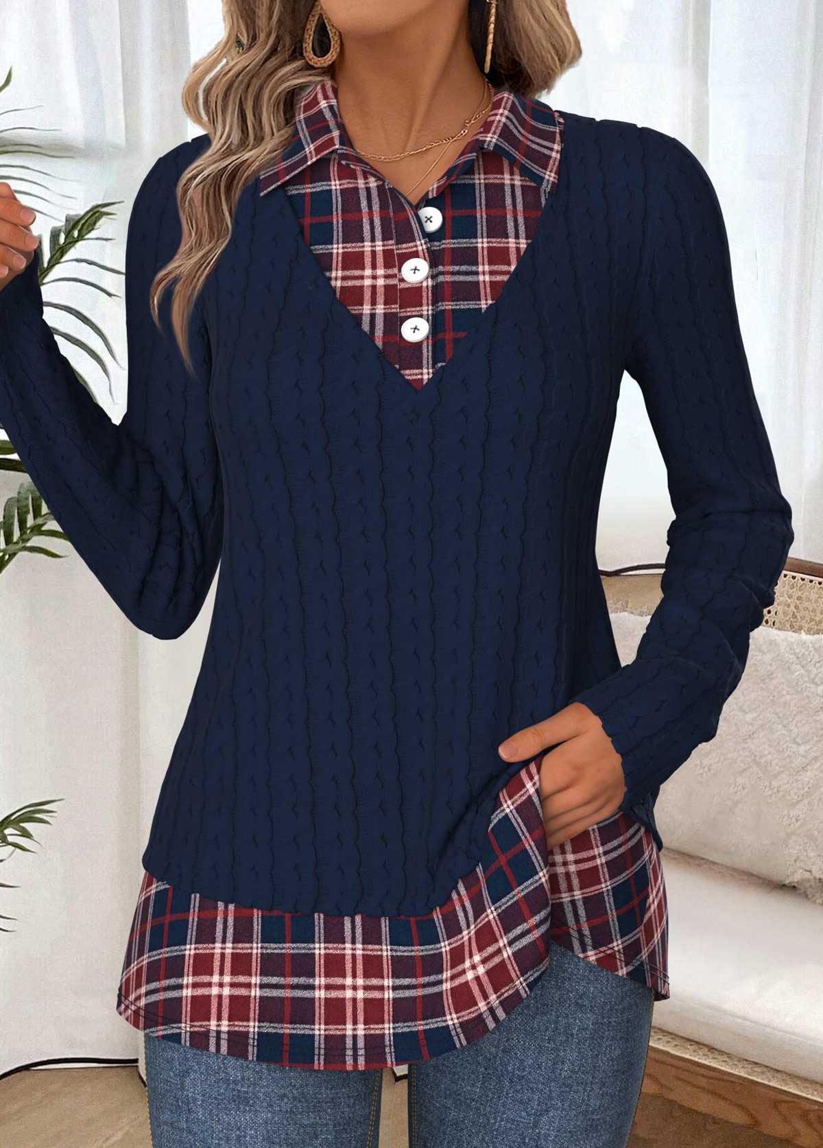 Modlily Navy Tummy Coverage Plaid Fake Two Piece Twinset - L
