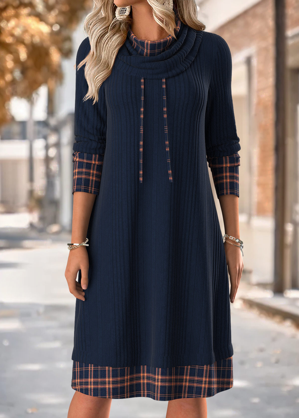 Modlily Navy Tummy Coverage Plaid Long Sleeve Cowl Neck Dress - XXL