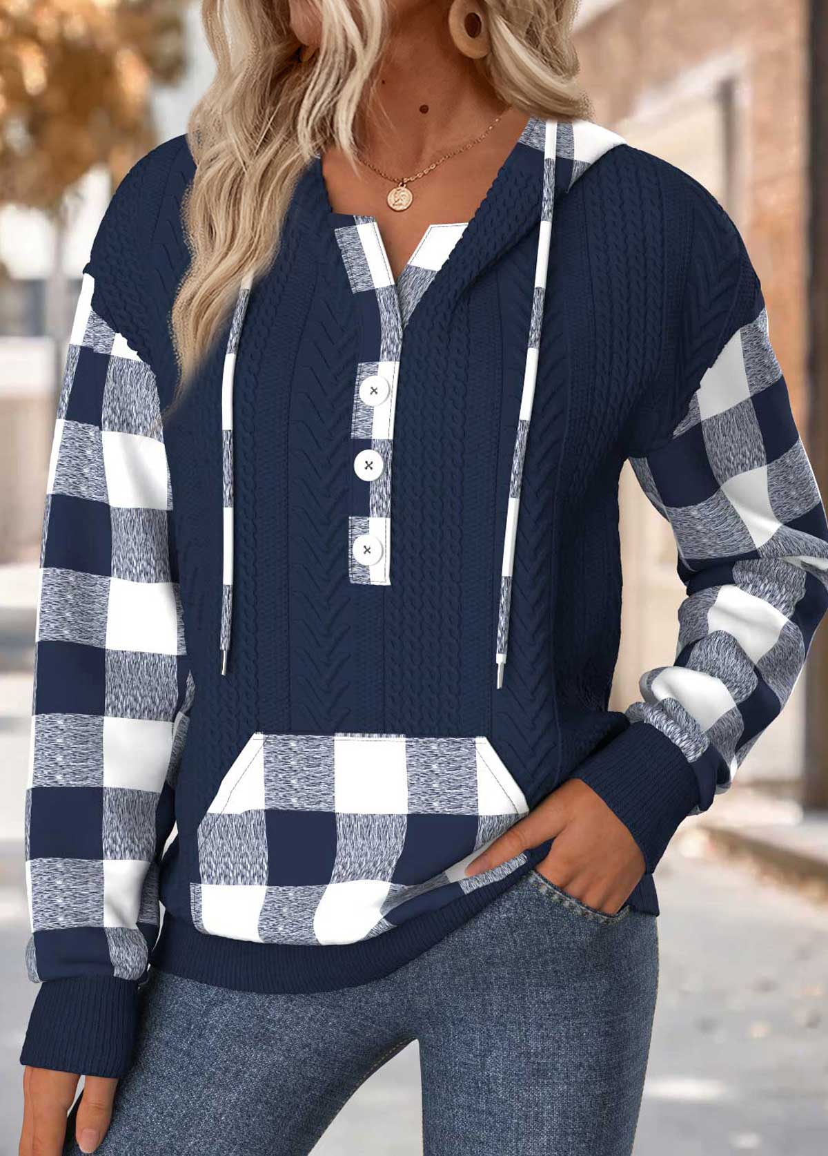 Modlily Navy Tummy Coverage Plaid Long Sleeve Hoodie - S