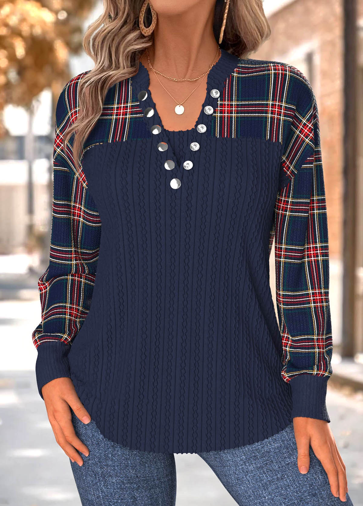 Modlily Navy Tummy Coverage Plaid Long Sleeve Split Neck Sweatshirt - L