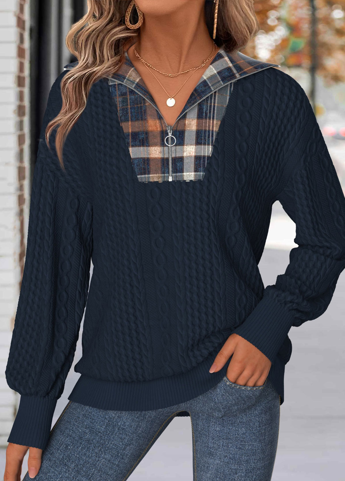 Modlily Navy Tummy Coverage Plaid Long Sleeve Sweatshirt - M