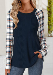 Modlily Navy Tummy Coverage Plaid Long Sleeve T Shirt - M