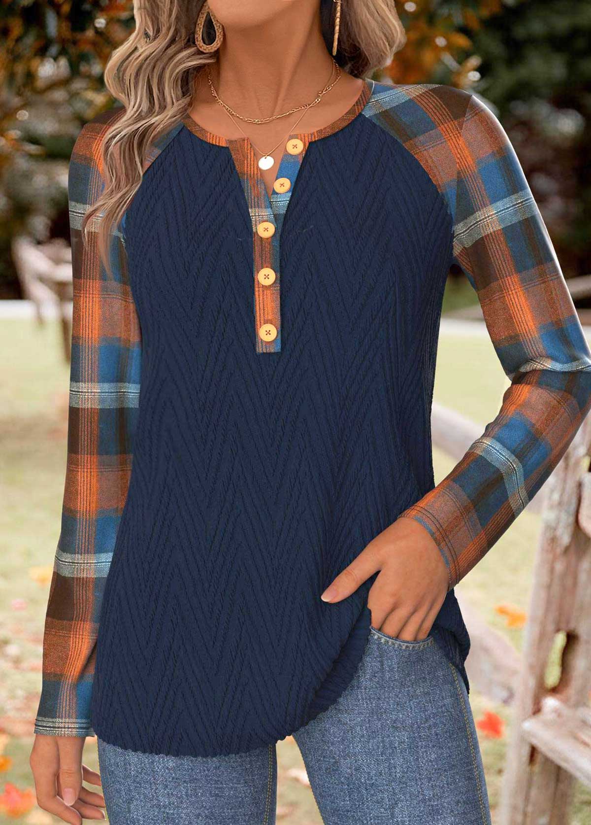 Modlily Navy Tummy Coverage Plaid Long Sleeve T Shirt - L