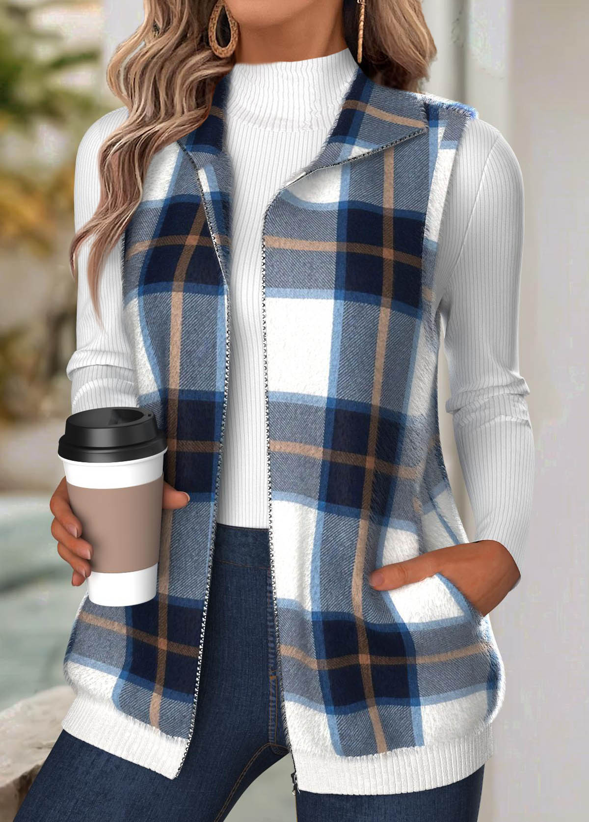 Modlily Navy Tummy Coverage Plaid Sleeveless Turn Down Collar Waistcoat - XXL