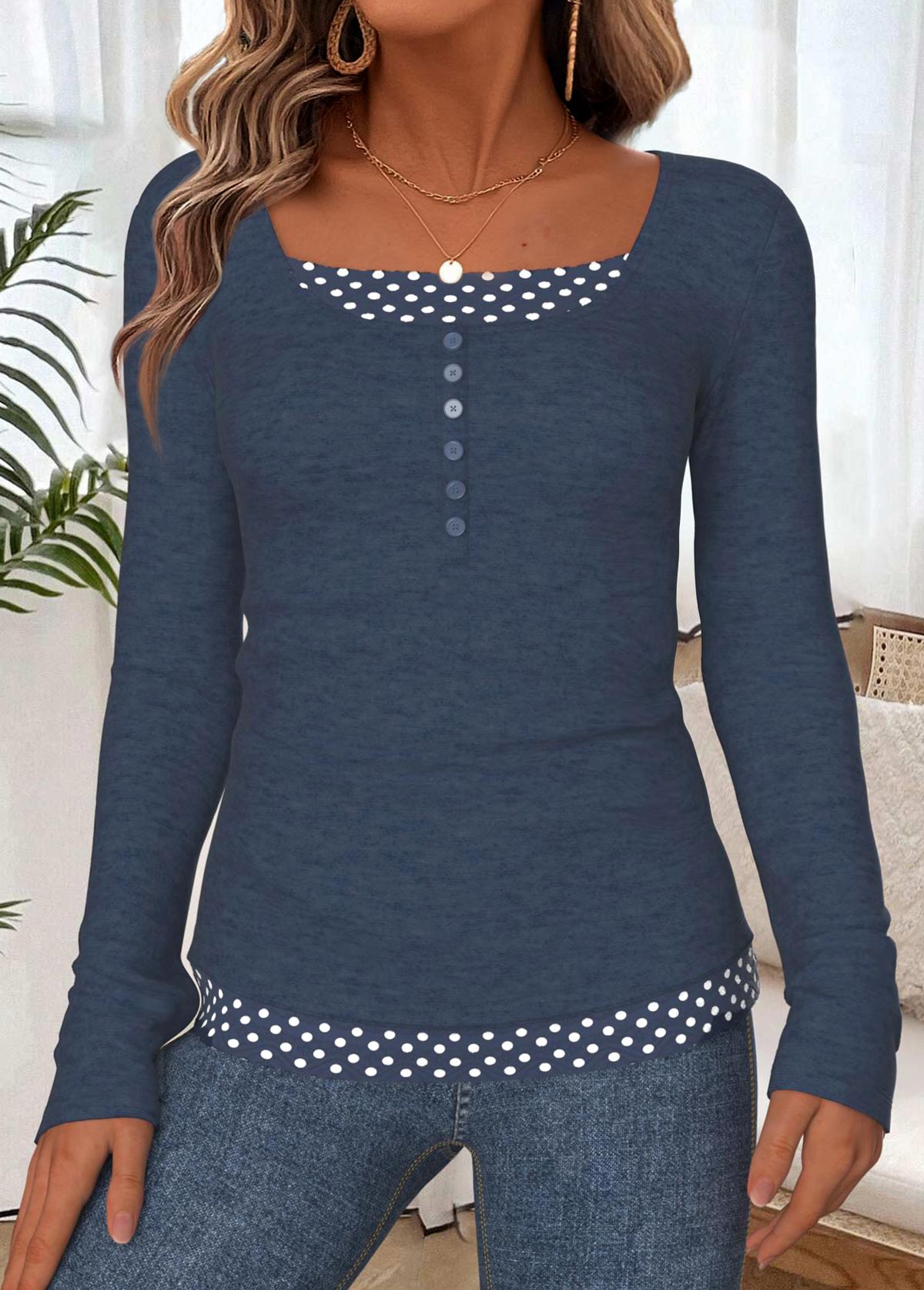 Modlily Navy Tummy Coverage Polka Dot Long Sleeve T Shirt - M