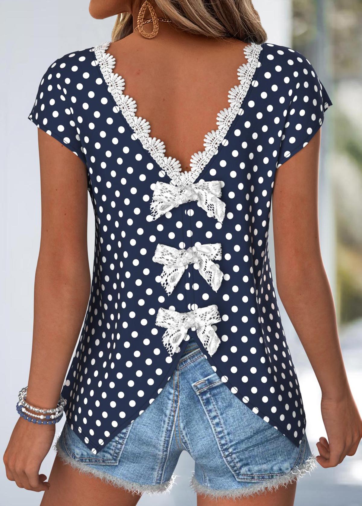 Modlily Navy Tummy Coverage Polka Dot Short Sleeve T Shirt - XL