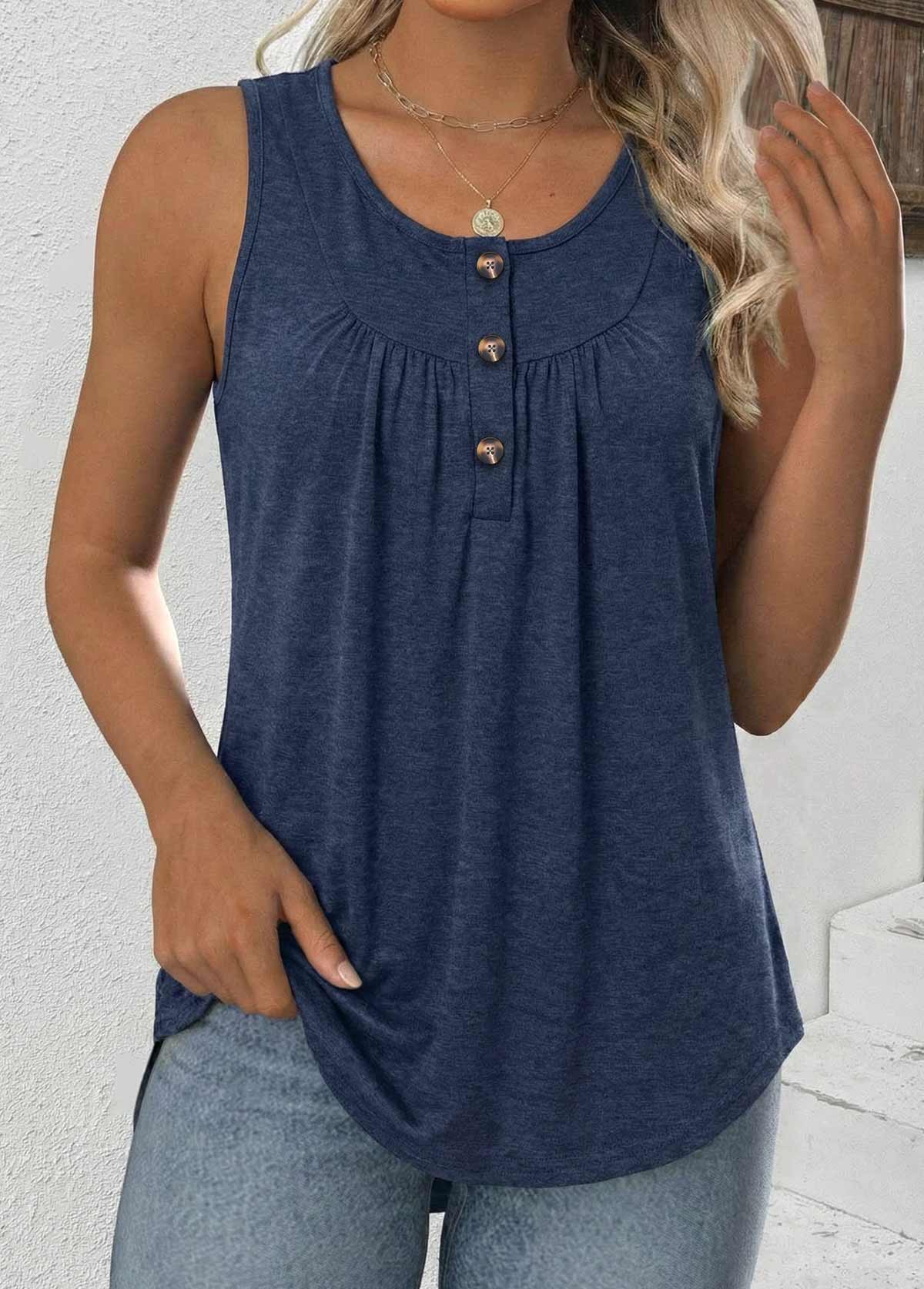 Modlily Navy Tummy Coverage Sleeveless Round Neck Tank Shirred Top - S
