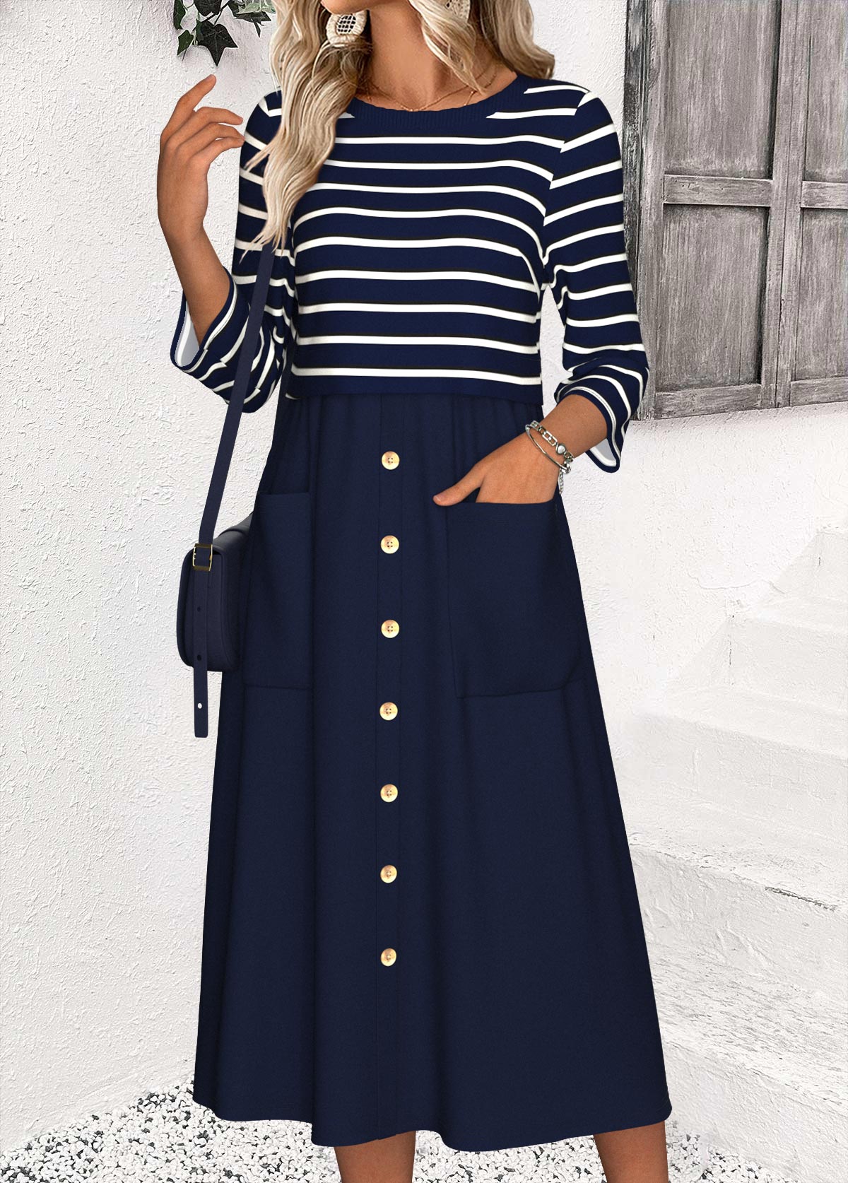 Modlily Navy Tummy Coverage Striped 3/4 Sleeve Round Neck Dress - M