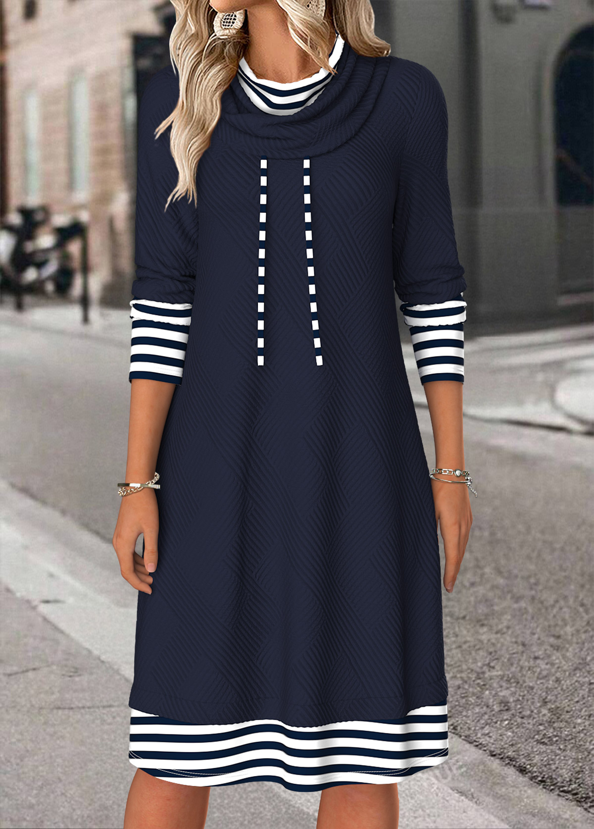 Modlily Navy Tummy Coverage Striped Long Sleeve Cowl Neck Dress - M