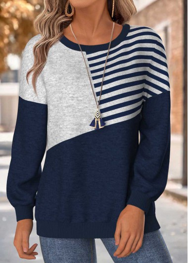 Modlily Navy Tummy Coverage Striped Long Sleeve Round Neck Sweatshirt - S