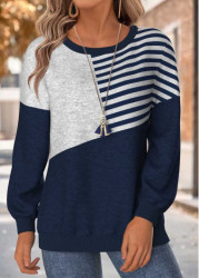 Modlily Navy Tummy Coverage Striped Long Sleeve Round Neck Sweatshirt - S
