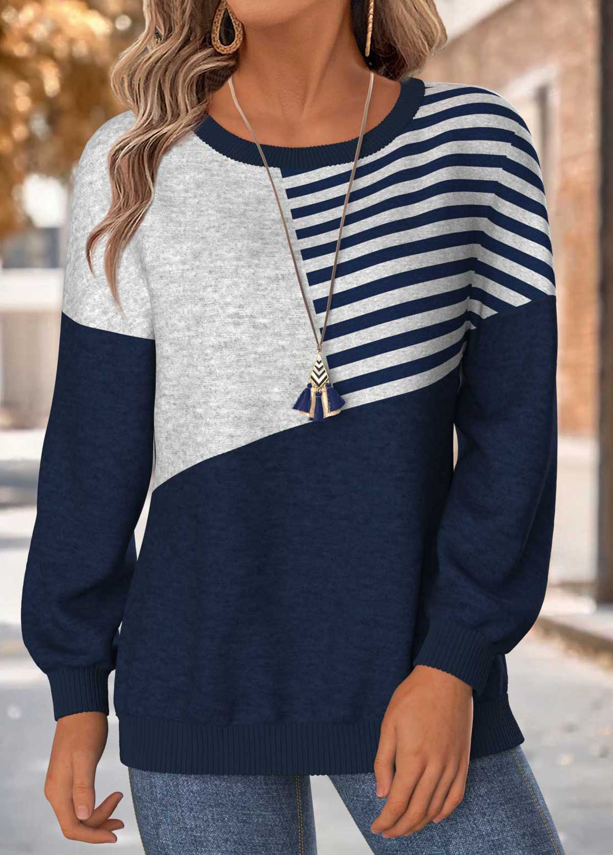 Modlily Navy Tummy Coverage Striped Long Sleeve Round Neck Sweatshirt - M