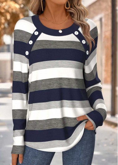 Modlily Navy Tummy Coverage Striped Long Sleeve T Shirt - M