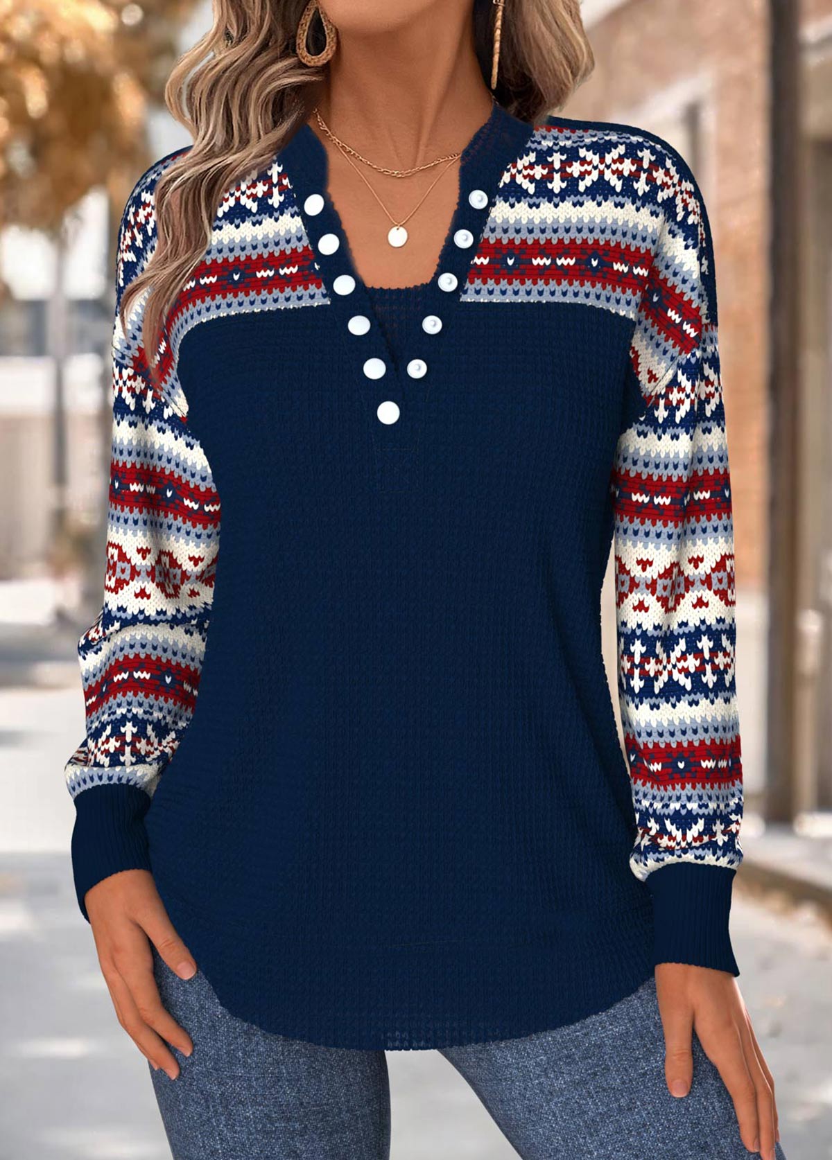 Modlily Navy Tummy Coverage Tribal Print Long Sleeve Sweatshirt - XL