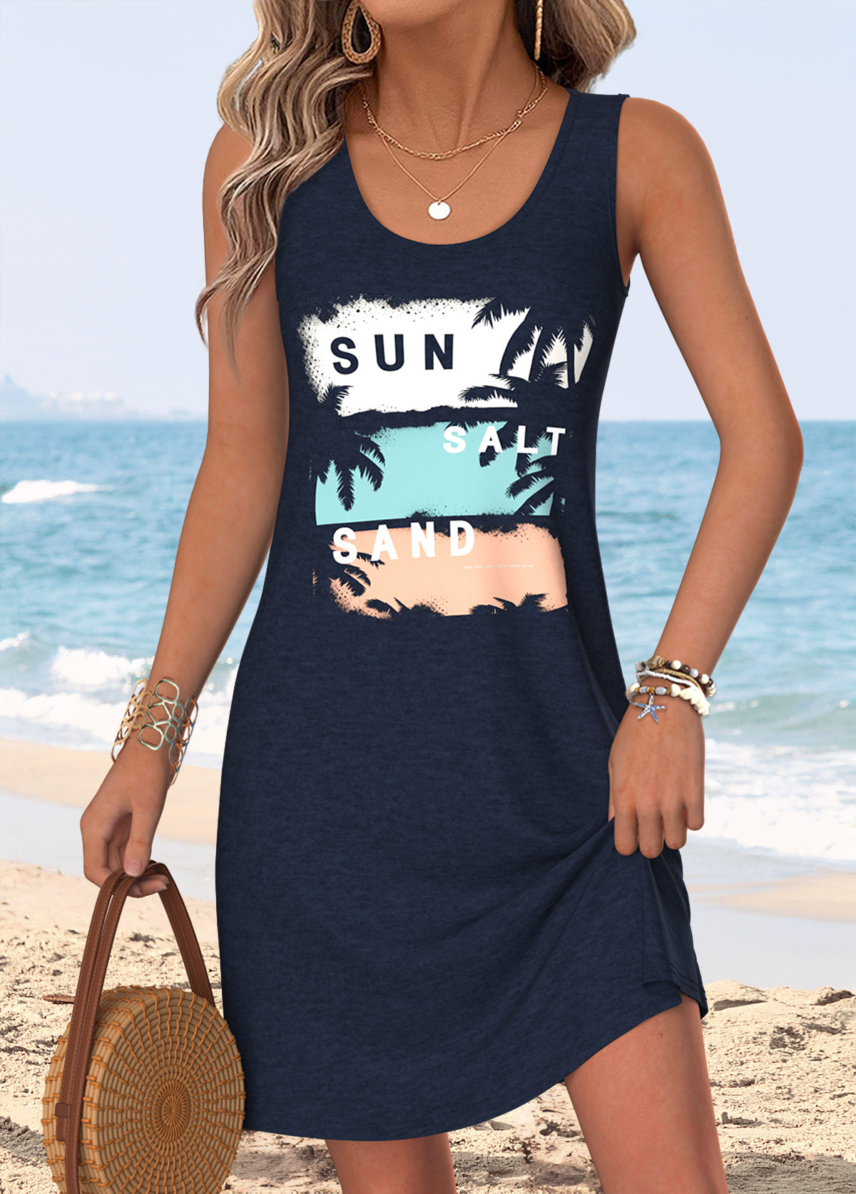 Modlily Navy Tummy Coverage Tropical Plants Print Short Sleeveless Dress - L