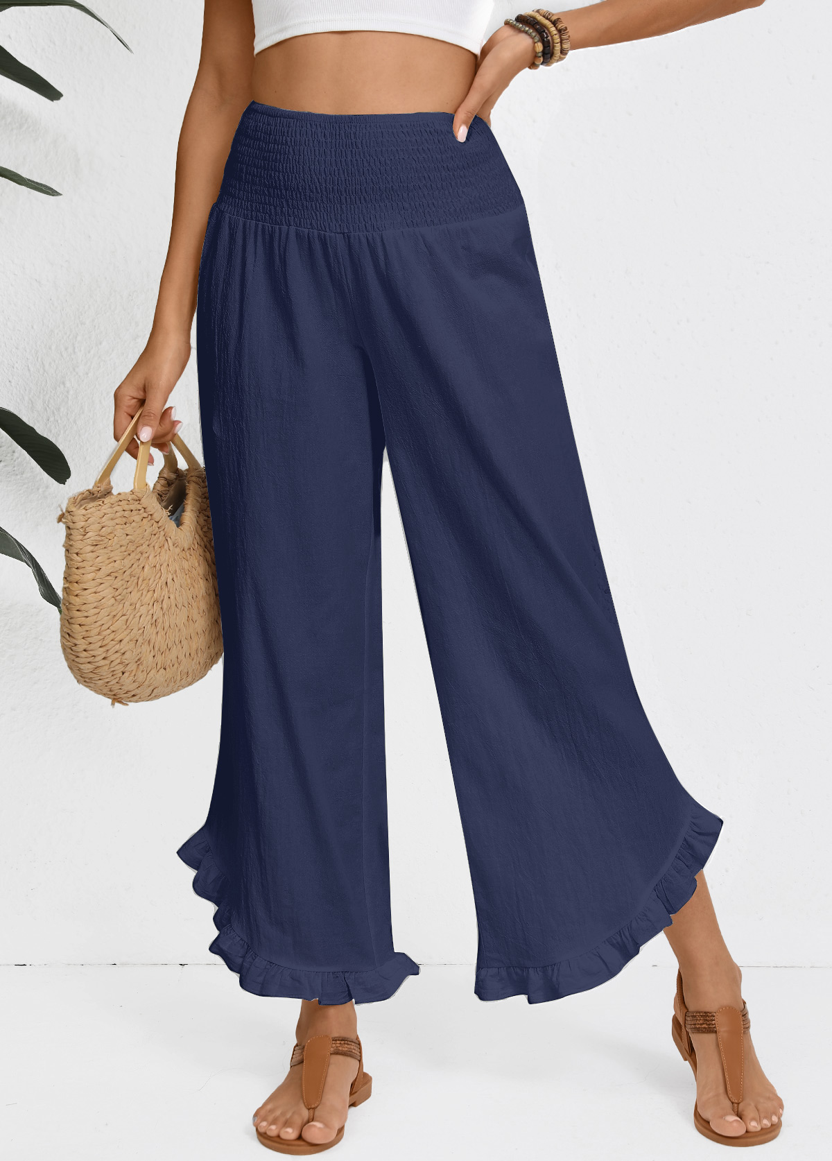 Modlily Navy Wide Leg Elastic Waist High Waisted Pants - S