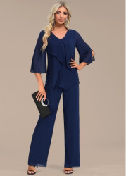 Modlily Navy Zipper Long Three Quarter Length Sleeve Jumpsuit - XXL
