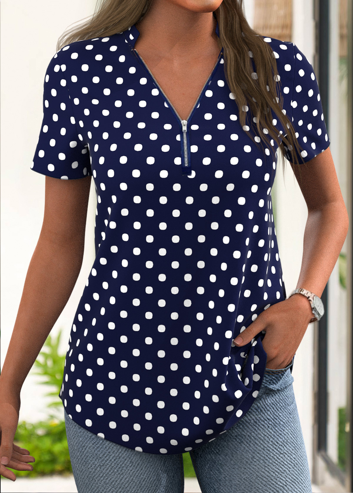Modlily Navy Zipper Polka Dot Short Sleeve T Shirt - S