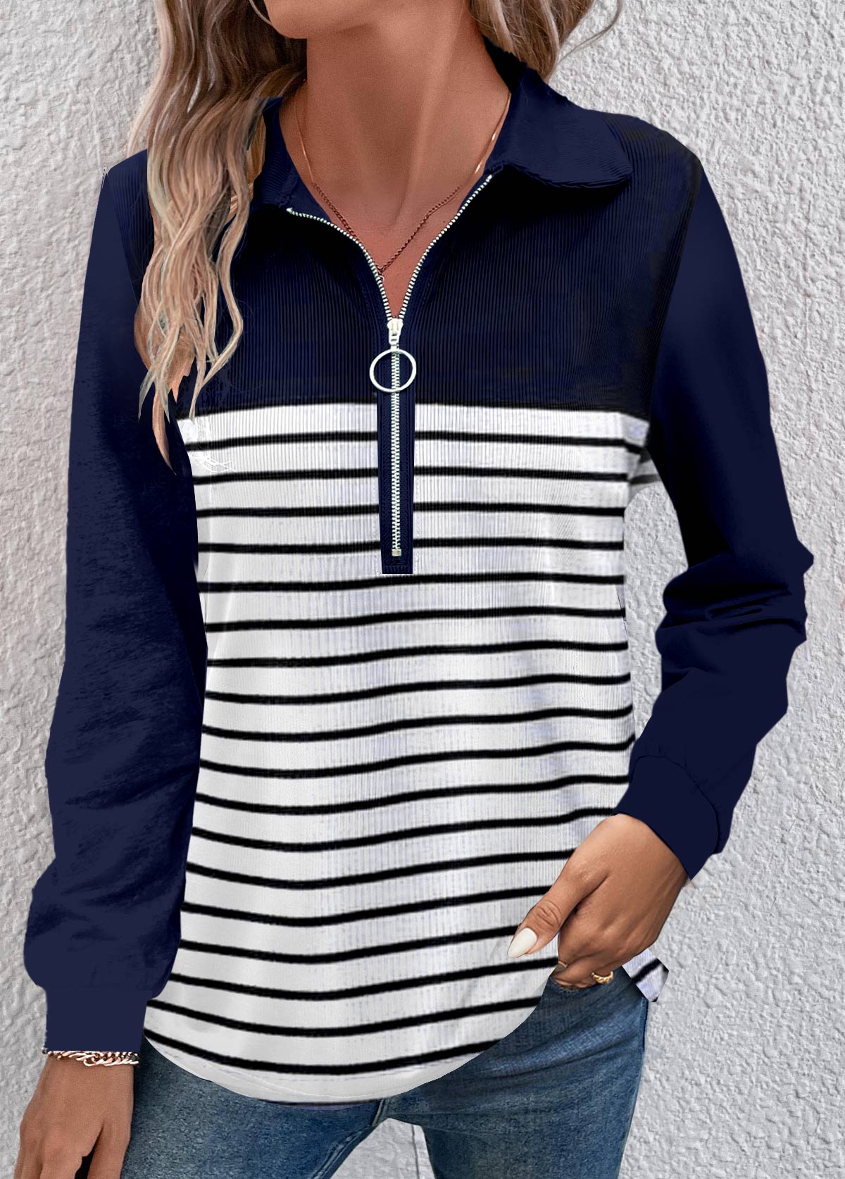 Modlily Navy Zipper Striped Long Sleeve T Shirt - XL