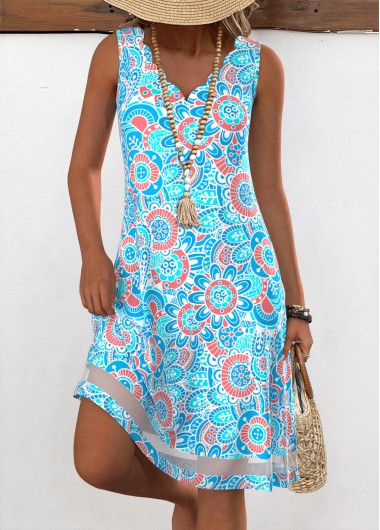 Modlily Neon Blue Floral Print A Line Sleeveless Dress - XXL
