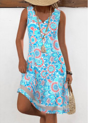 Modlily Neon Blue Floral Print A Line Sleeveless Dress - XXL