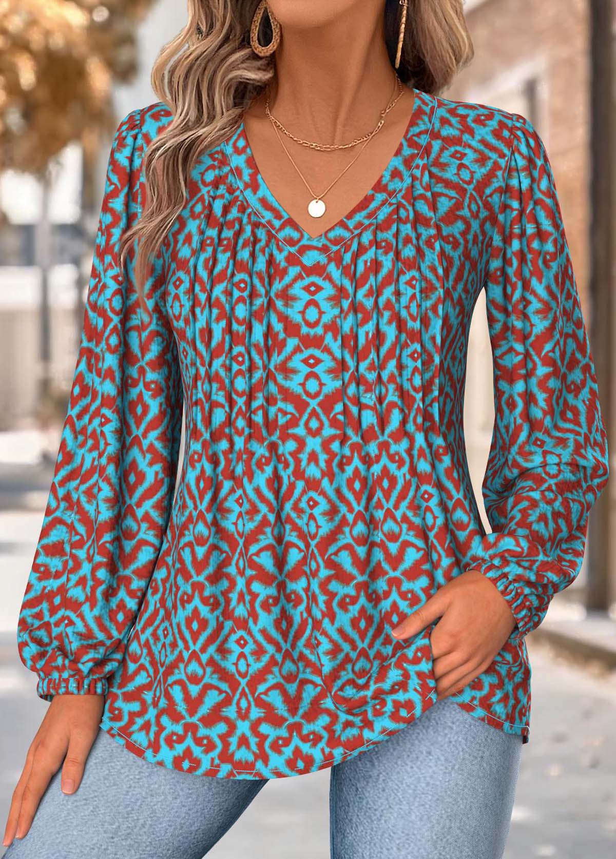 Modlily Neon Blue Tummy Coverage Tribal Print Long Sleeve Blouse - XXL