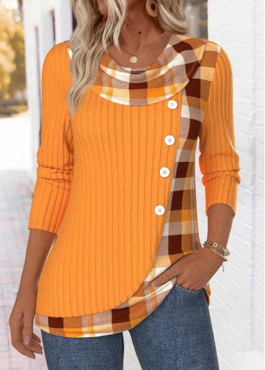 Modlily Neon Orange Tummy Coverage Plaid Long Sleeve T Shirt - S
