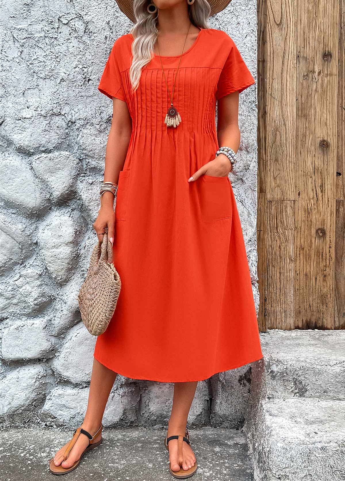 Modlily Neon Red Pleated Short Sleeve Round Neck Dress - M