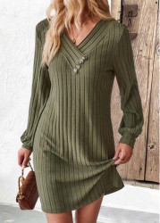 Modlily Olive Green A Line Long Sleeve V Neck Dress - S