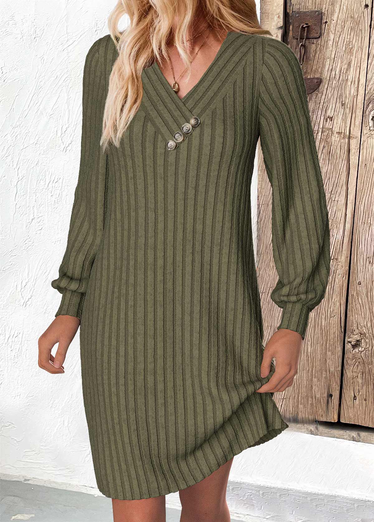 Modlily Olive Green A Line Long Sleeve V Neck Dress - XL