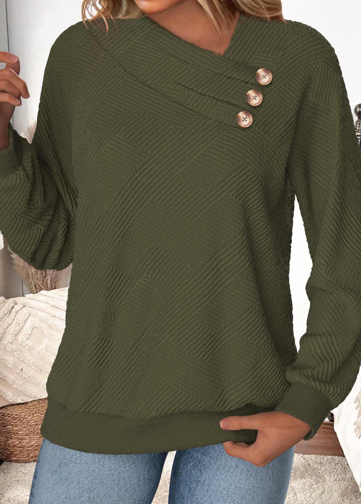 Modlily Olive Green Button Long Sleeve Asymmetrical Neck Sweatshirt - XXL