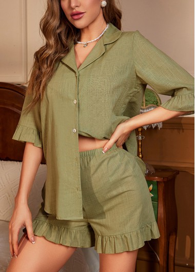 Modlily Olive Green Half Sleeve Lapel Lounge Top and Shorts - S