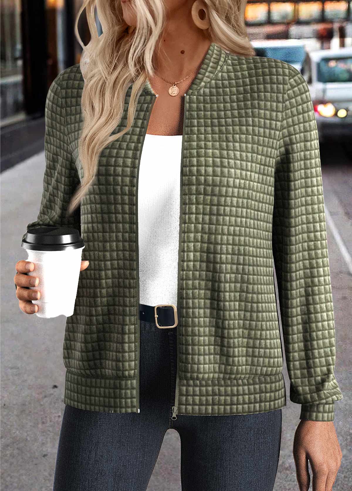 Modlily Olive Green Jacquard Long Sleeve Stand Collar Jacket - S