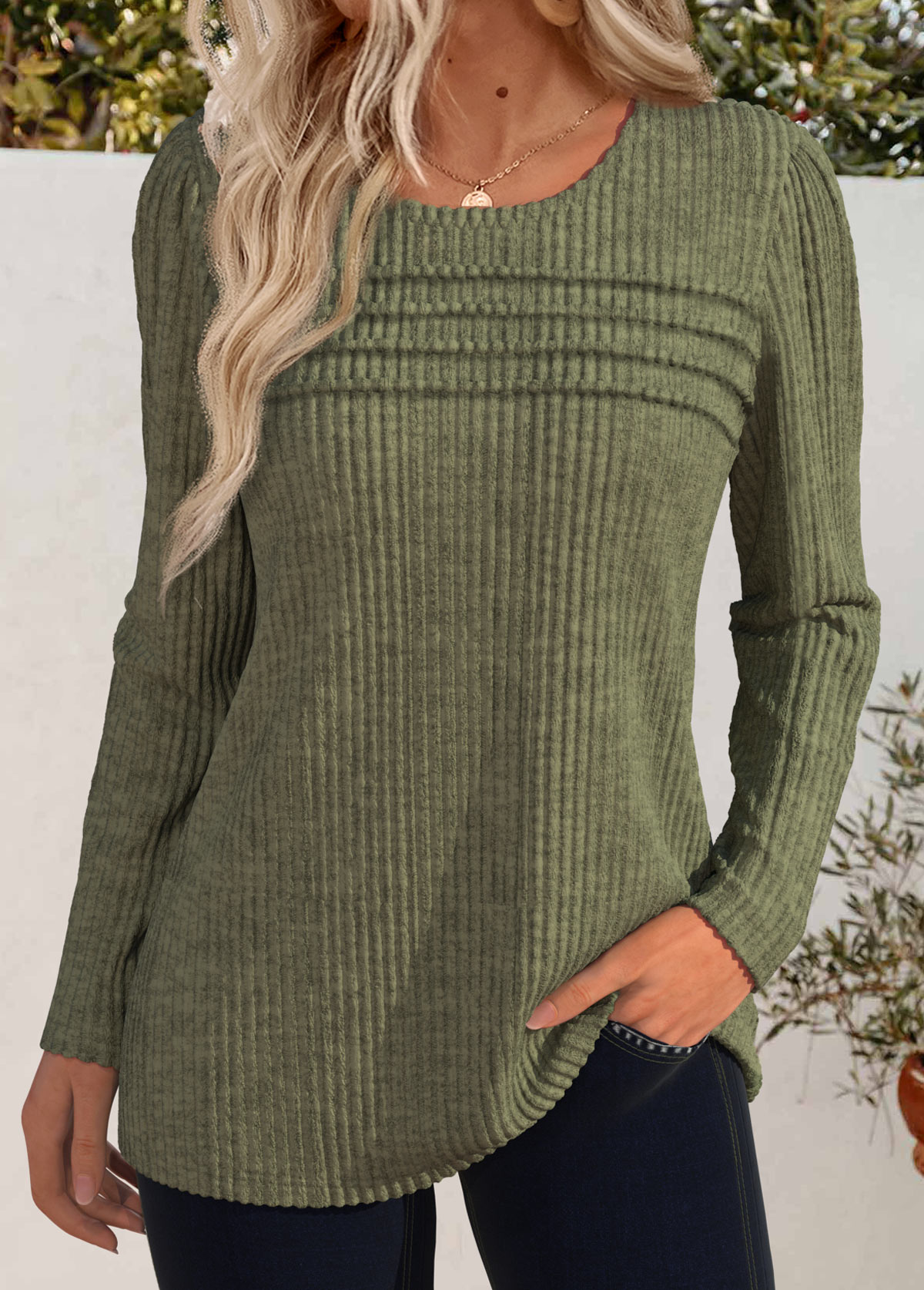 Modlily Olive Green Long Sleeve Round Neck T Shirt - L