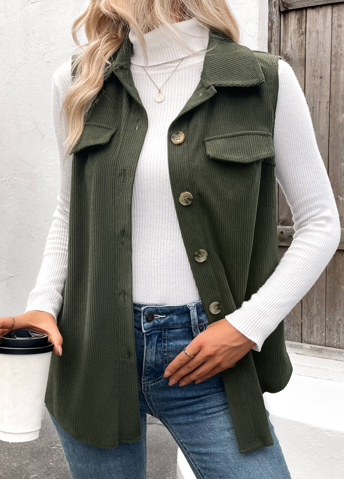 Modlily Olive Green Patchwork Sleeveless Shirt Collar Corduroy Waistcoat - XXL