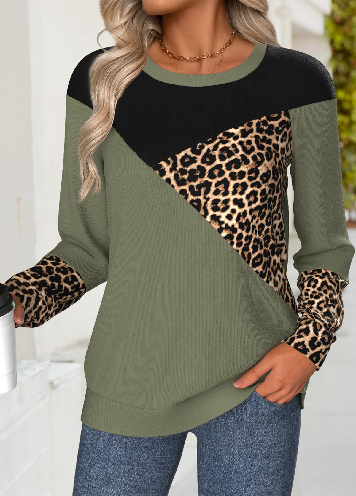 Modlily Olive Green Tummy Coverage Leopard Long Sleeve Sweatshirt - XL