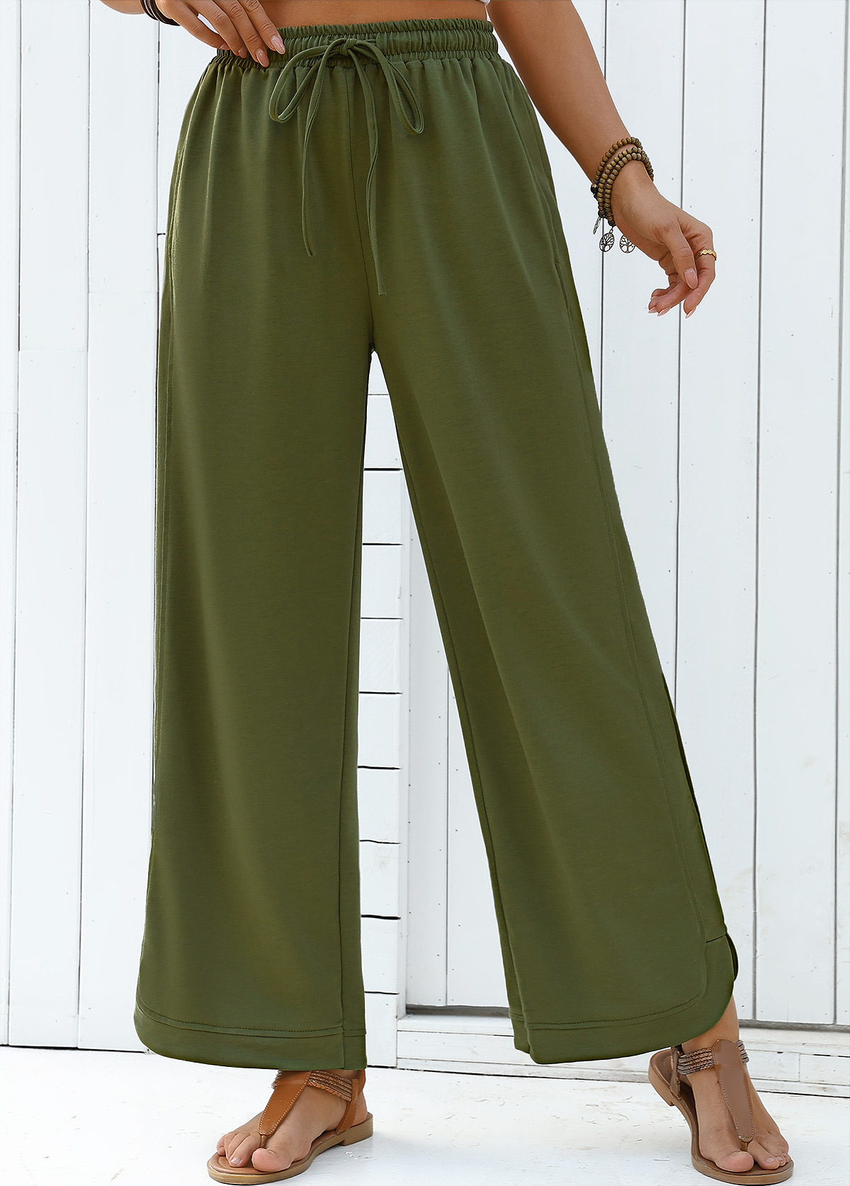 Modlily Olive Green Wide Leg Elastic Waist High Waisted Pants - S