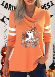 Modlily Orange Button Halloween Print Long Sleeve Cowl Neck Sweatshirt - L