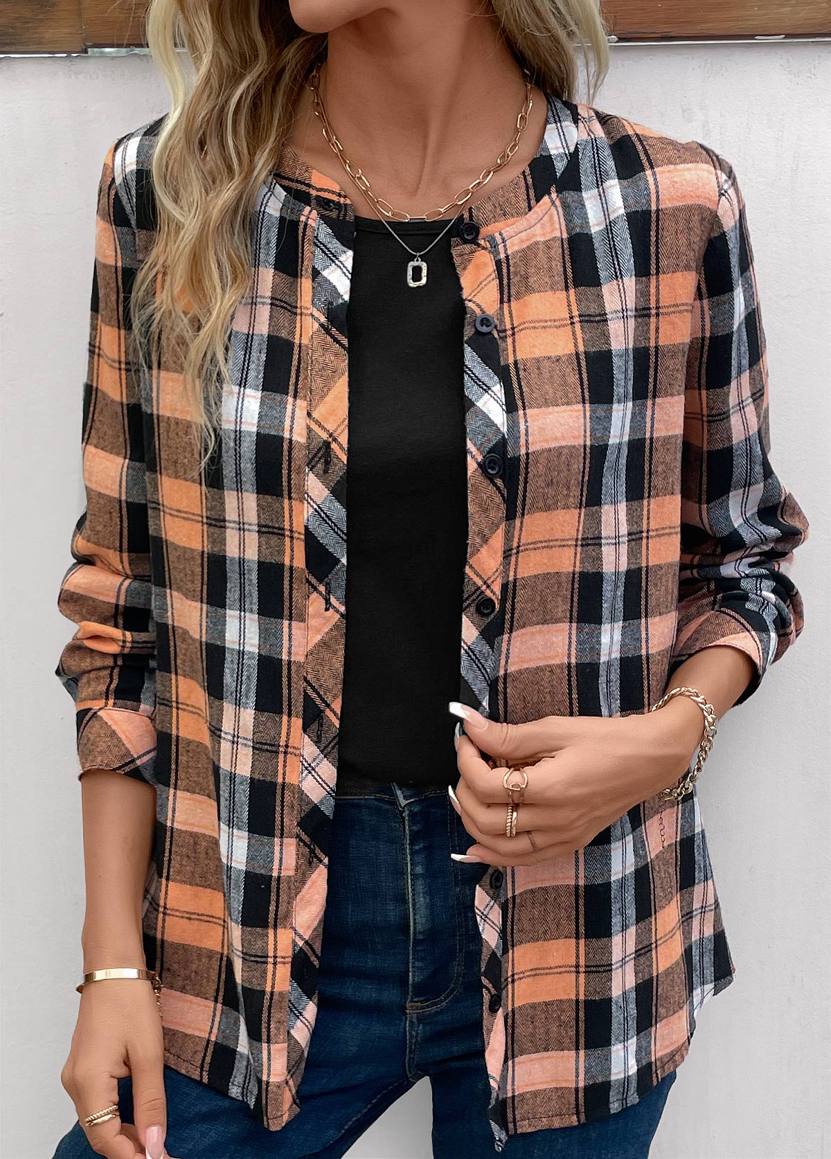Modlily Orange Button Plus Size Plaid Long Sleeve Blouse - 3X