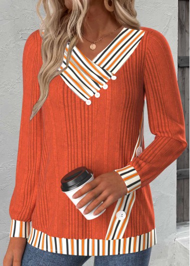 Modlily Orange Button Striped Long Sleeve V Neck Sweatshirt - M