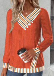 Modlily Orange Button Striped Long Sleeve V Neck Sweatshirt - M