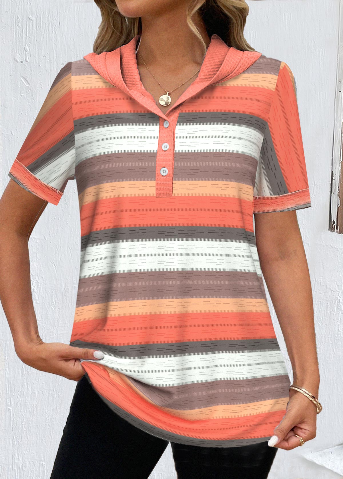 Modlily Orange Button Striped Short Sleeve Hooded T Shirt - S
